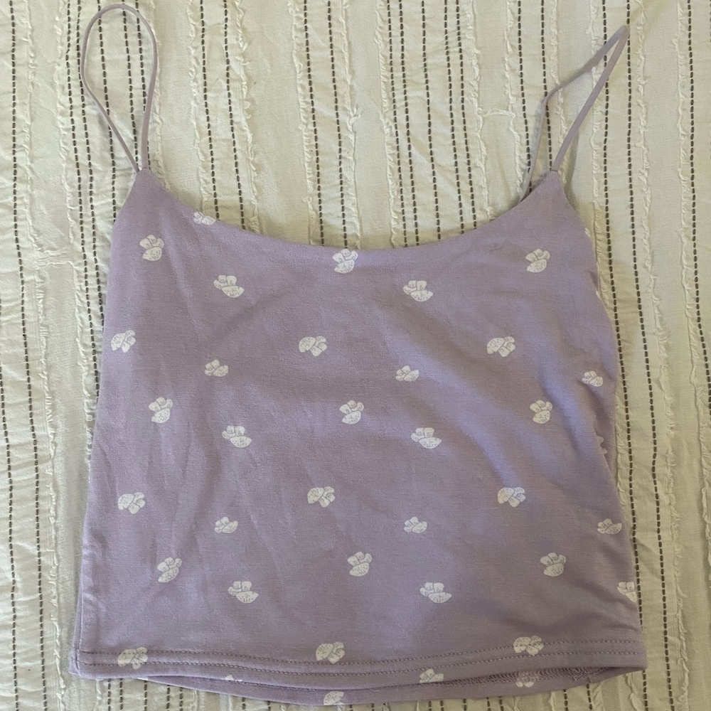 pacsun purple tank top with white mushroom details.
